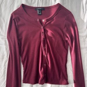 Forever 21 Long-Sleeve Cropped Button Front Ribbed Top - Burgundy